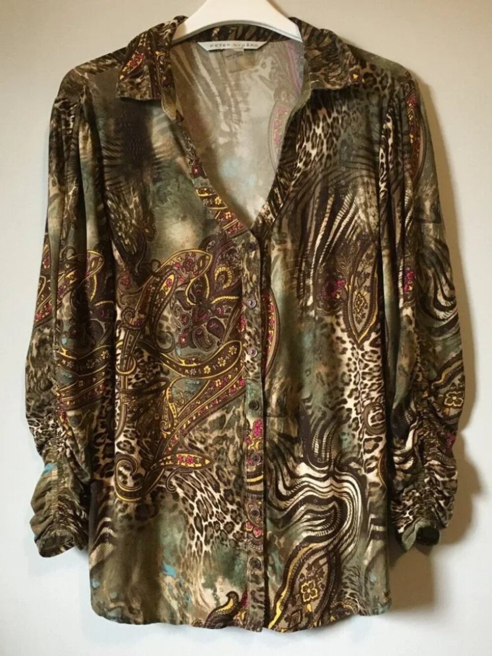 Vintage Nygard Nordstrom Animal Paisley Print Top Women’s Large Ruched Sleeves